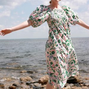 Emerald Smocked Kleid aus Baumwolle Seide