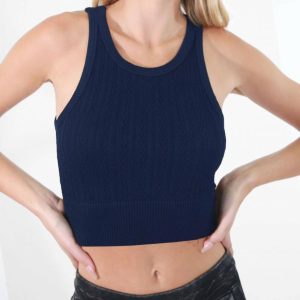 Cable Stricken Sie hohe Hals crop top in Indigo