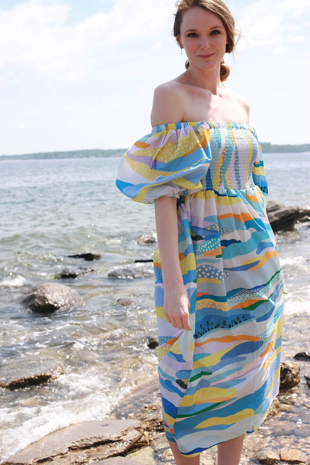 Landscape Smocked Baumwoll Seidenkleid