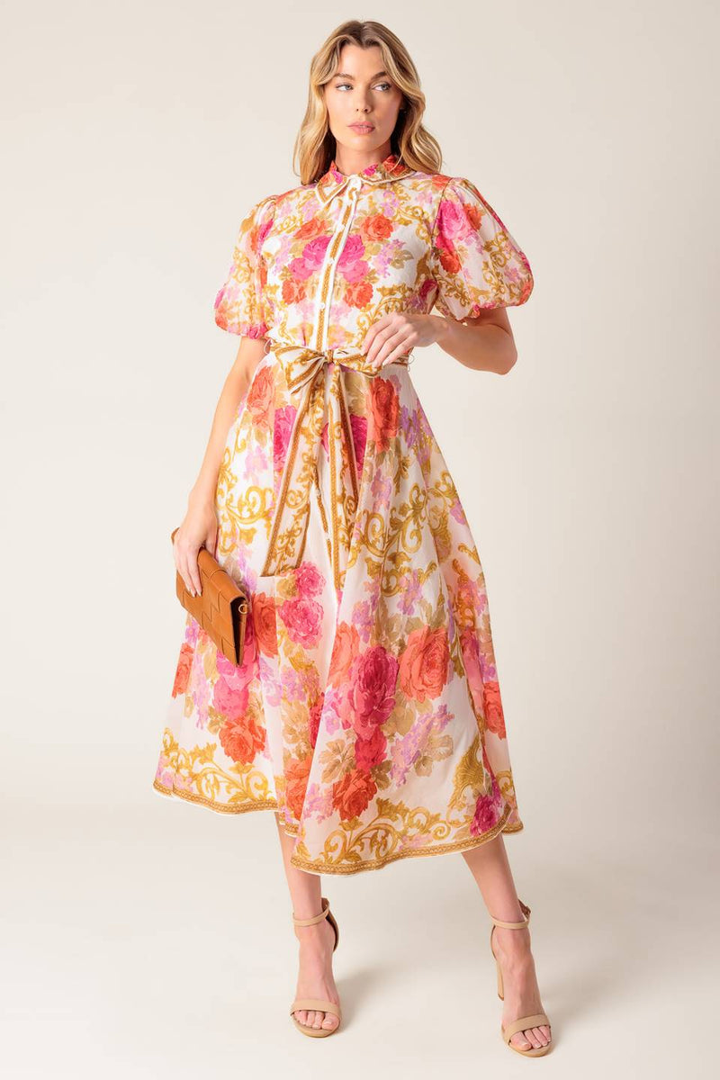 DIE RICHTIGE Elfenbein mit Blumenmuster gewebt MIDI Kleid