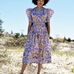 lila Blumen Baumwolle Midikleid