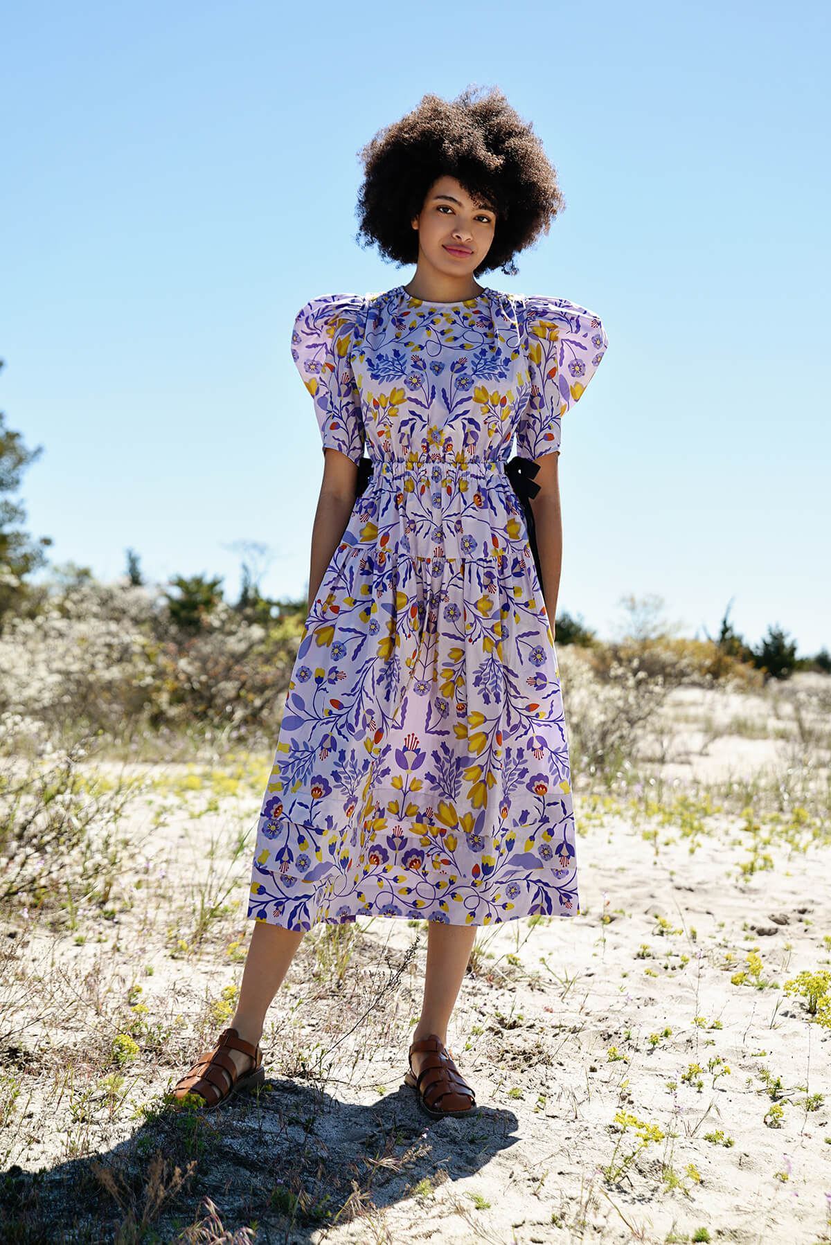 Lila mit Blumenmuster Baumwolle Midikleid