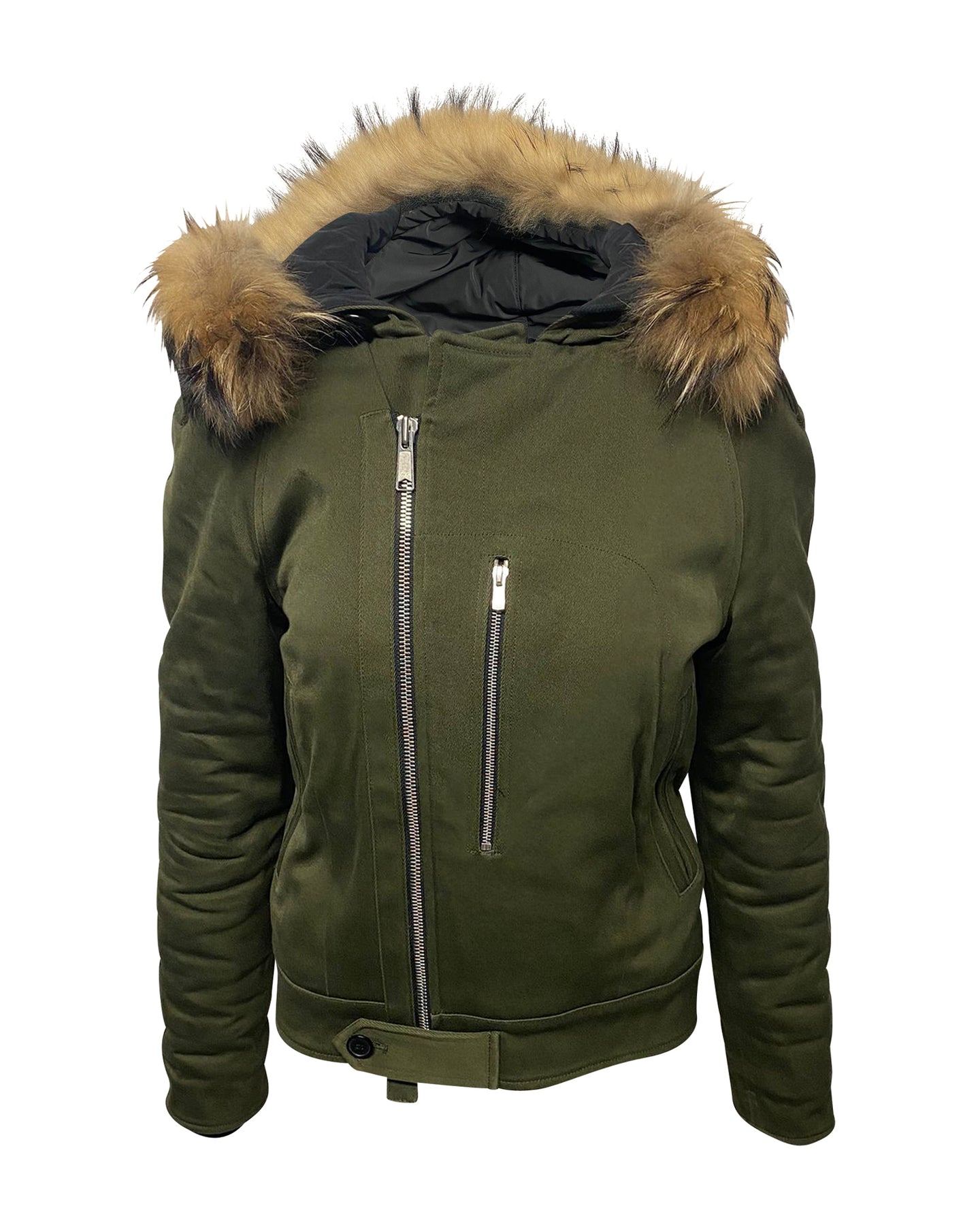 Sandro Paris Pelz-Besatz mit Kapuze Parka aus grüner Baumwolle