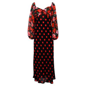 Rixo Josephine Polka-dot Kleid aus schwarzer und roter Seide 7748685594684