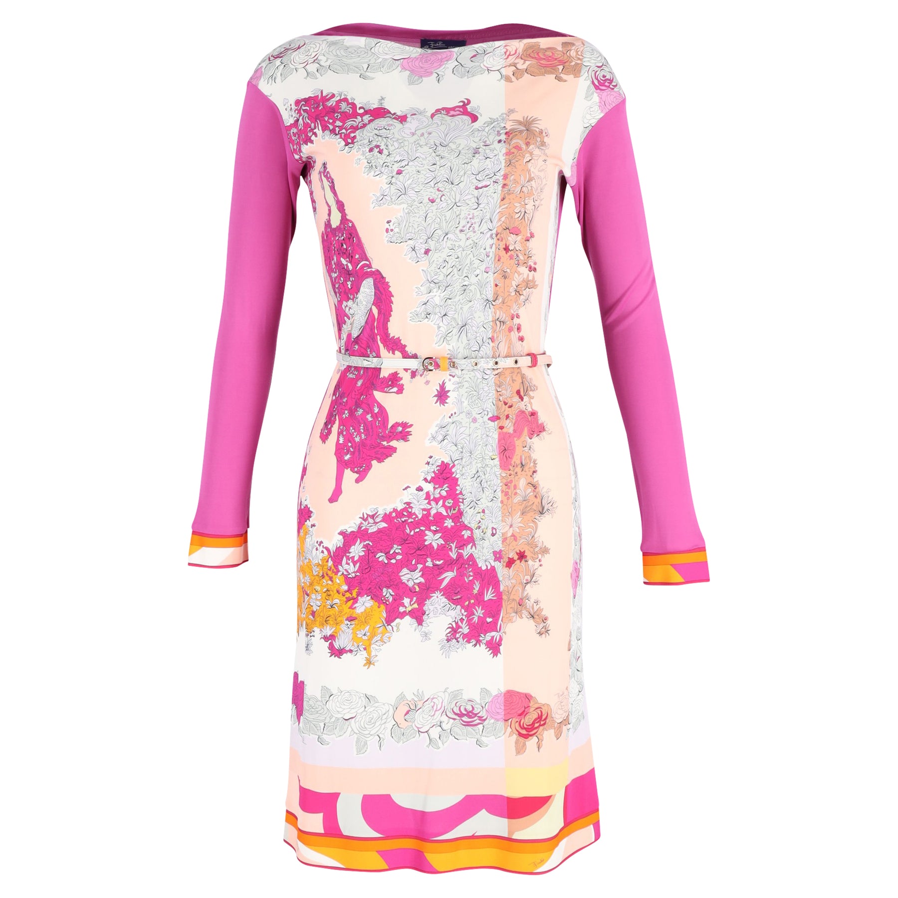 Emilio Pucci Bedrucktes, langärmeliges Midikleid mit Gürtel in rosa Viskose