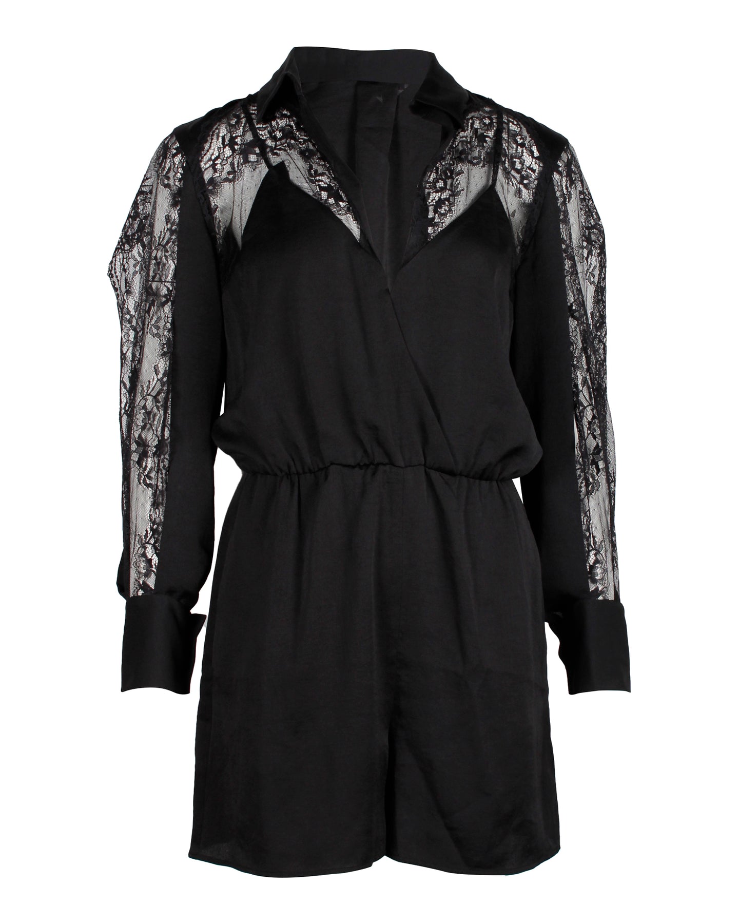 Maje Ines Spitze-Paneled Playsuit aus schwarzem Polyester