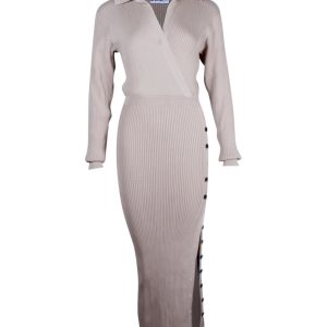Self-Portrait Rib Stricken lange Ärmel Kleid in beige Viskose 7748687102012