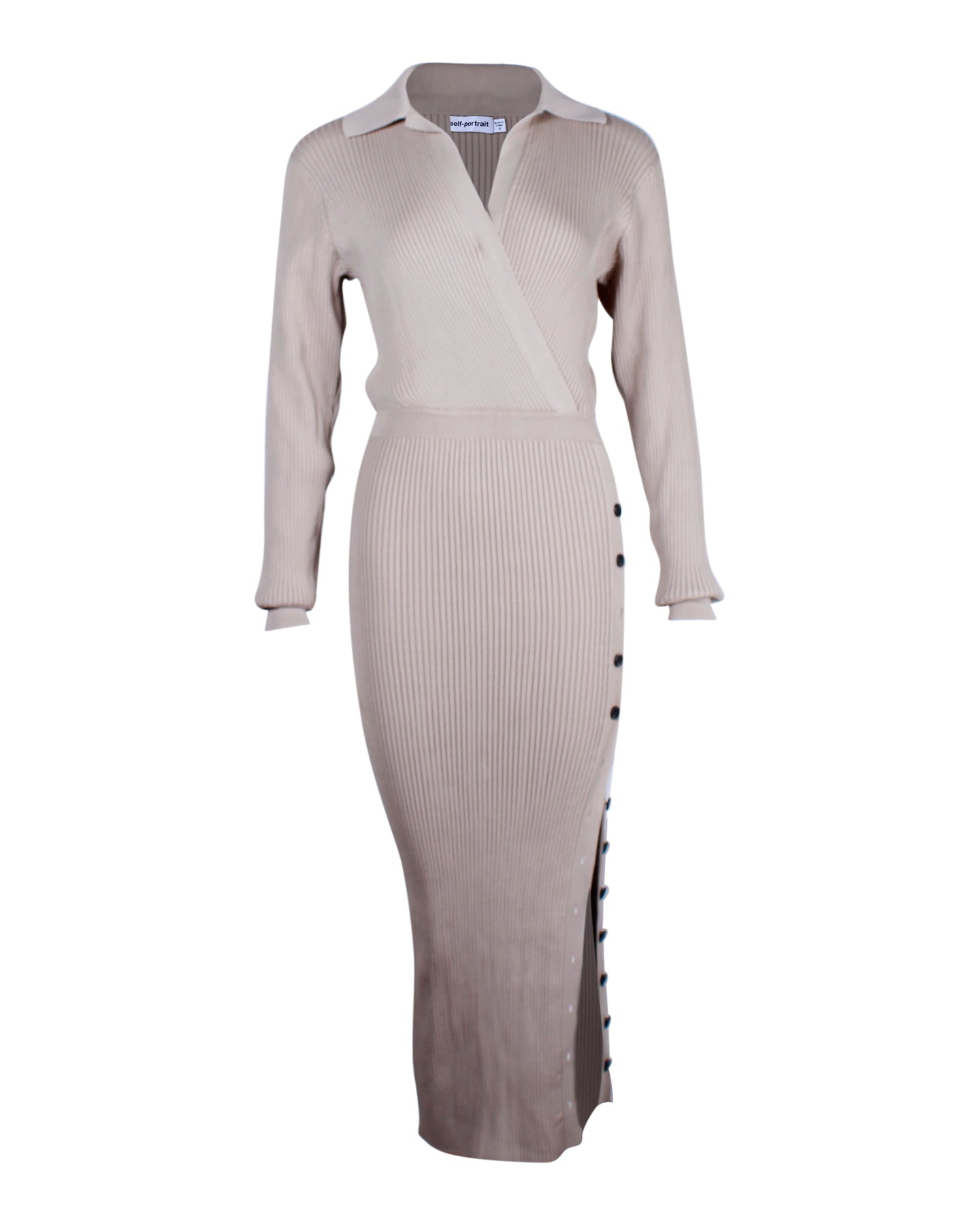 Self-Portrait Kleid mit langen Ärmeln aus beigefarbener Viskose