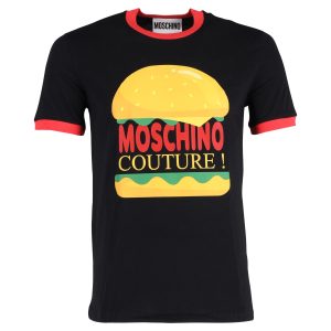 Moschino Couture Burger Print Rundhals-T-Shirt aus schwarzer Baumwolle 7748689920060