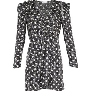 Sandro Polka-Dot Print Langarmkleid in schwarzer Viskose 7748714430524