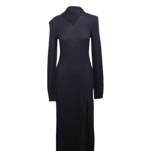 Damen schwarze Wolle Twist Hals Maxikleid
