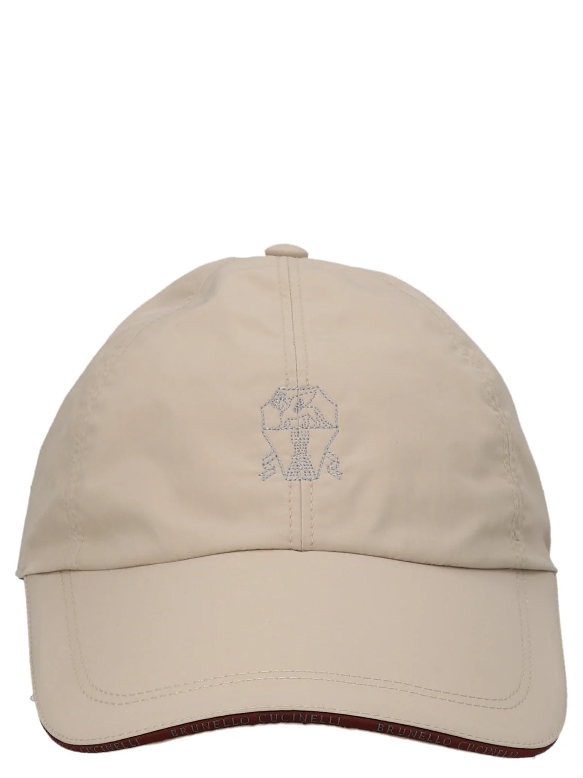 Beigefarbener Herrenhut mit aufgesticktem Brunello Cucinelli-Logo und rotem Besatz