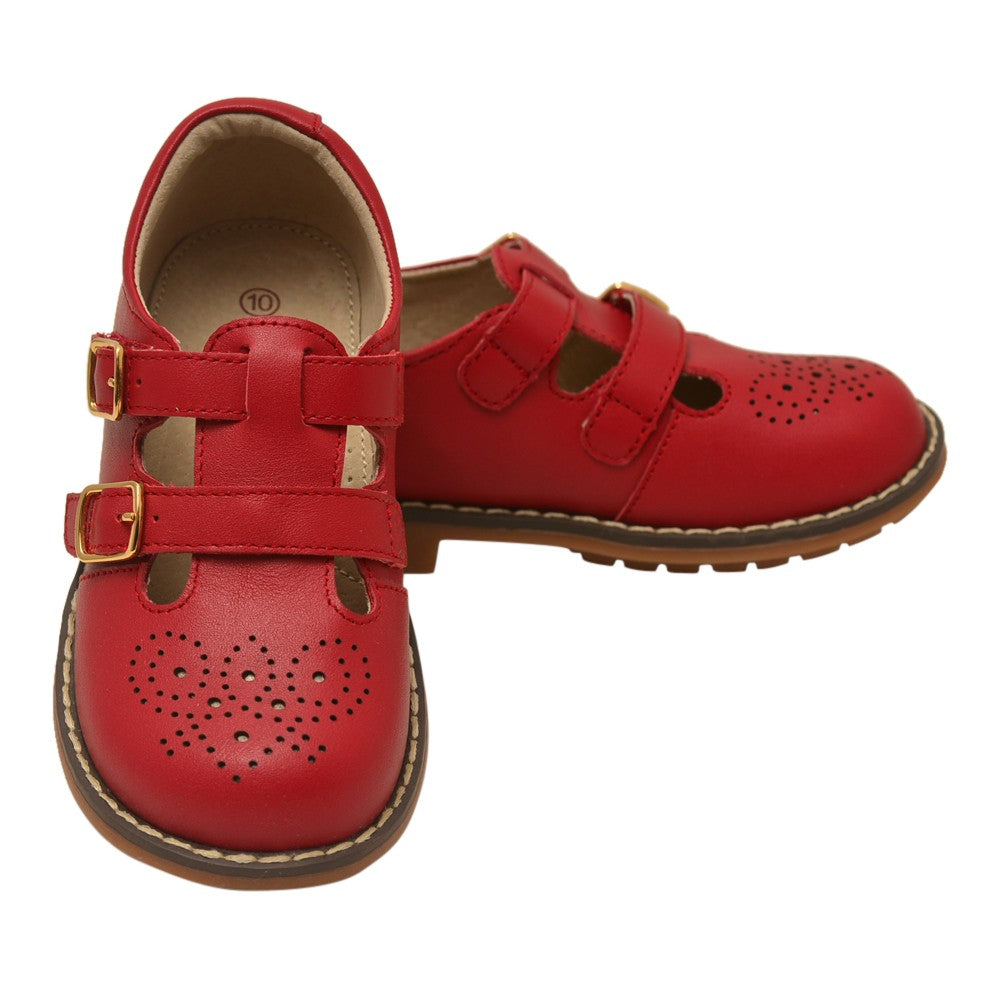 Rote Lederschuhe mit doppeltem T-Riemen und Schnalle für Mädchen, Größe 5, Kleinkind – 2 Kinder