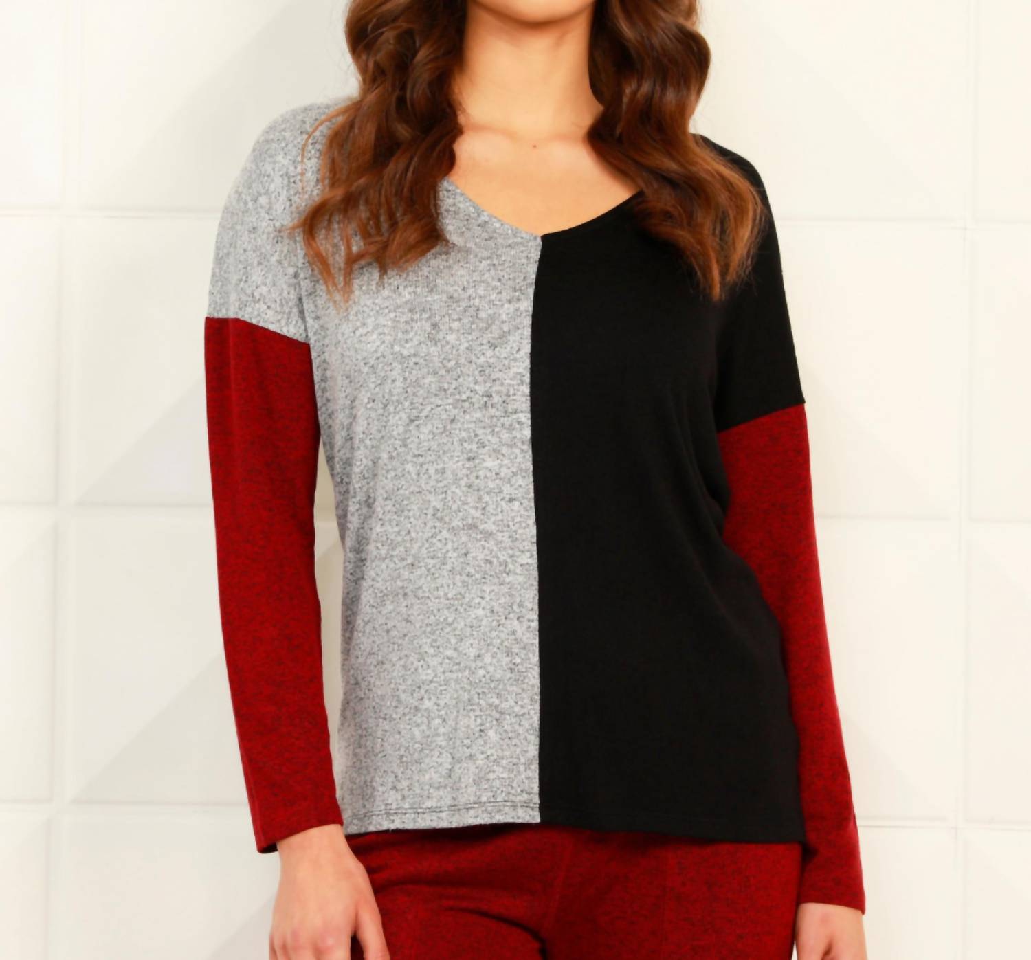 Color Block Offenes V-Ausschnitt Top In Schwarz/Wein