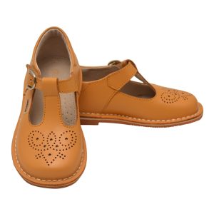 Senffarbene T-Riemen-Schuhe aus perforiertem, genähtem Leder für Mädchen, 5 Kleinkinder bis 4 Kinder
