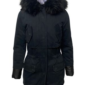 Maje lange Daunenjacke mit Fell Trimm Kapuzenpullover aus blauem Nylon 7748705976380