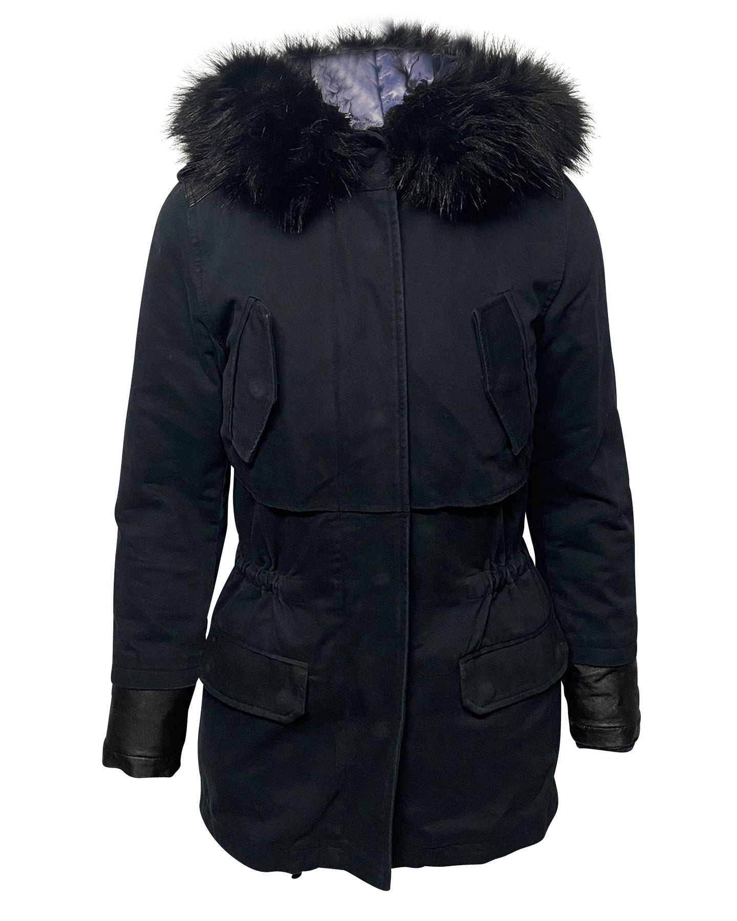 Maje Lange Daunenjacke mit Pelz-Besatz Kapuzenpullover in blau Nylon