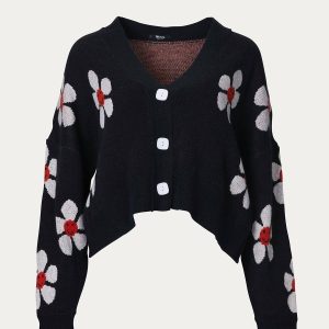 verkürzt Retro mit Blumenmuster Strickjacke in Schwarz