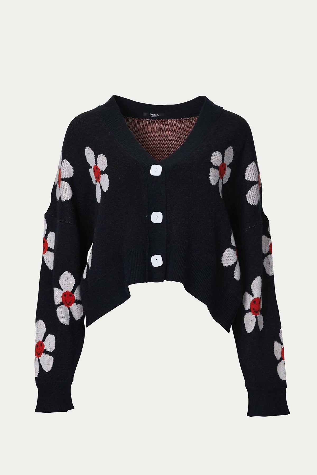 verkürzt Retro mit Blumenmuster Strickjacke in Schwarz