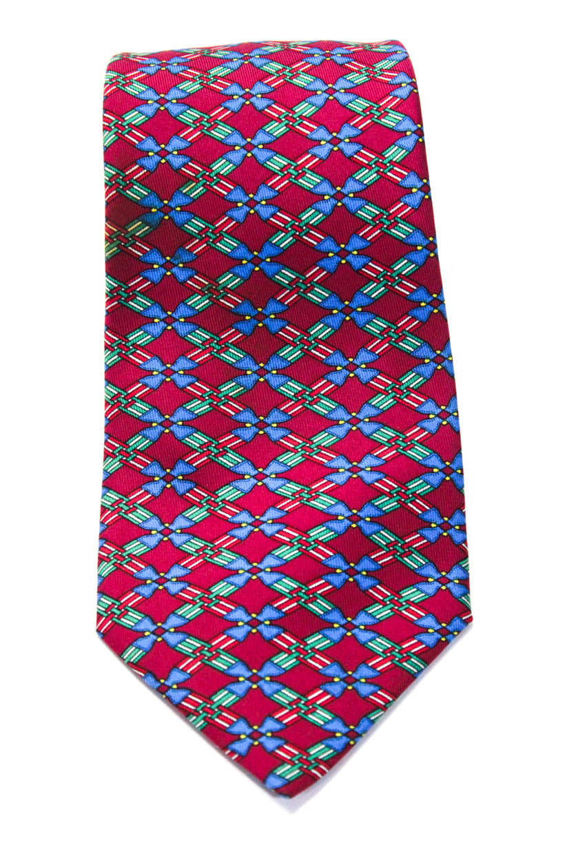 Hermes Herren klassisch Breite gestreifte Argyle gedruckt Seidenkrawatte Rot Grün Blau