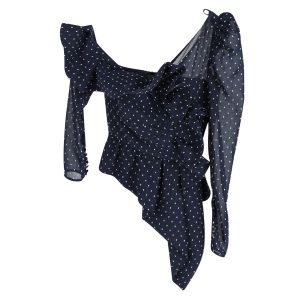 Self-Portrait One-Shoulder geraffte swiss-dot Chiffon Top aus marineblauem Polyester