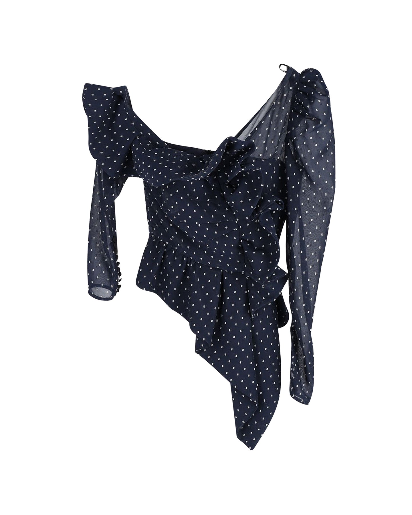 Self-Portrait Einschultriges Swiss-Dot Chiffon Top aus dunkelblauem Polyester