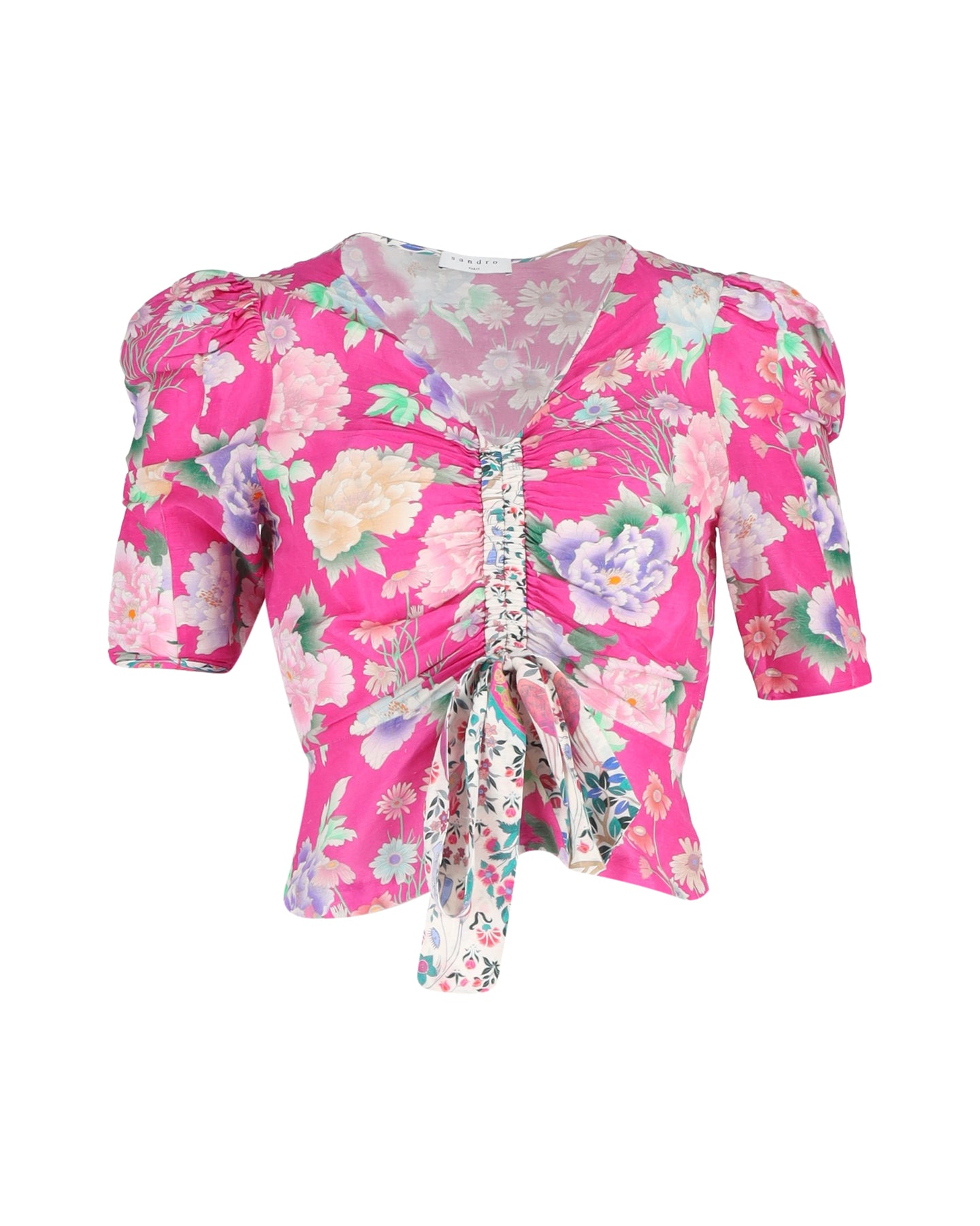 Sandro Paris Becky Blumenmuster Puff-Ärmel Top in rosa Leinen