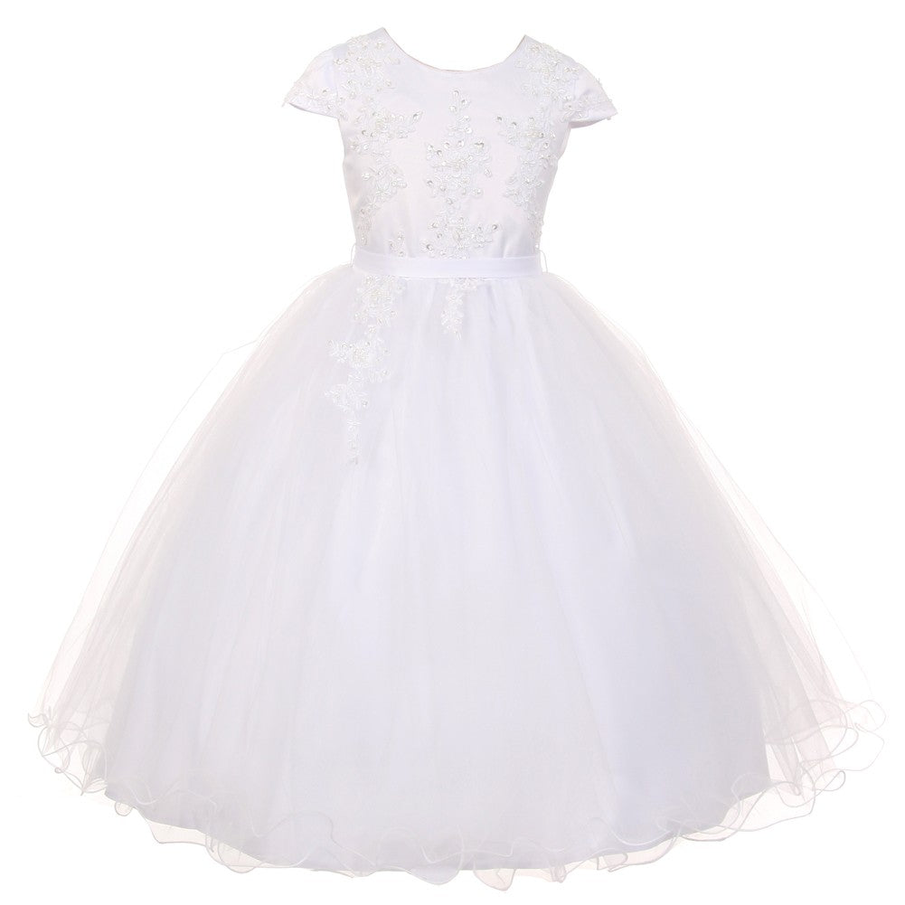 Große Mädchen weiße Perle Pailletten Tüll Kommunion Blumenmädchen Kleid 7-20