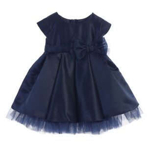 Baby Mädchen Dunkelblau Satin voll Falten Bogen Akzent Weihnachtskleid 6-24M