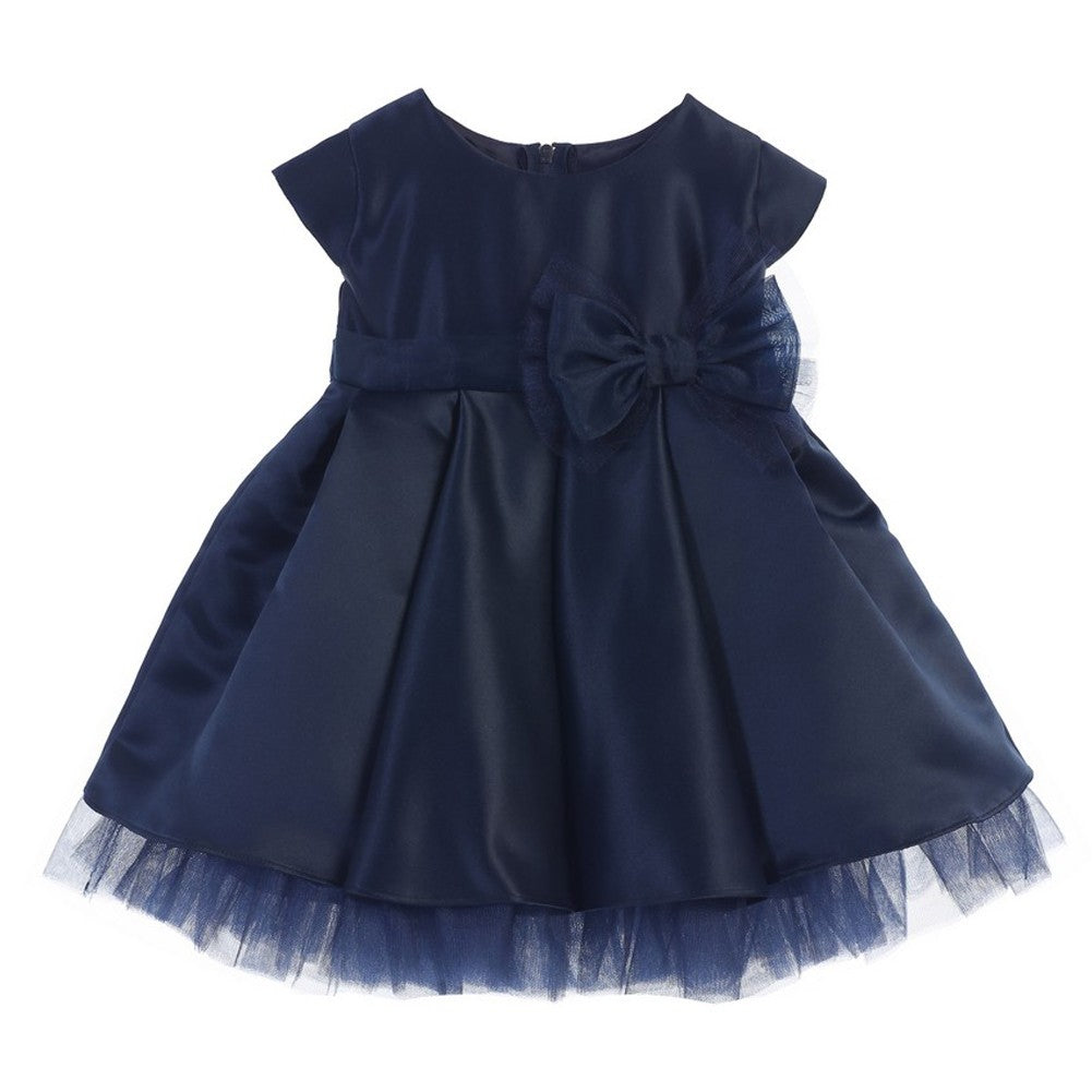 Baby Mädchen Dunkelblau Satin voll Falten Bogen Akzent Weihnachtskleid 6-24M