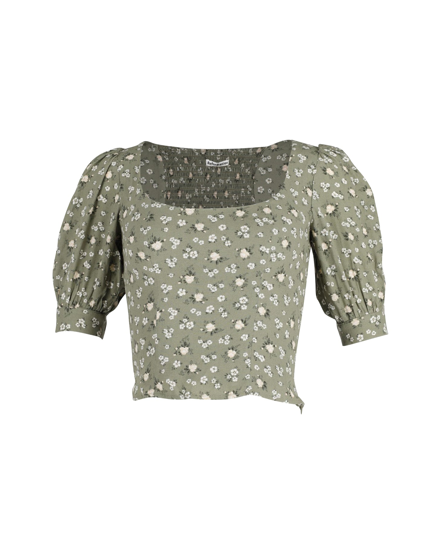Reformation Cave Top mit Blumendruck in Grün Khaki Viskose