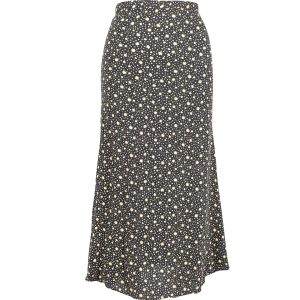 Reformation Blumendruck Midirock aus schwarzem Polyester