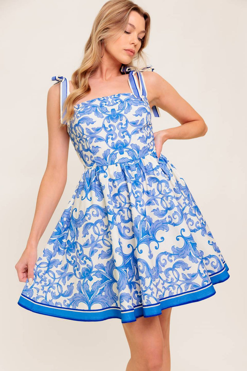 FLORENZTAGS mit Blumenmuster Blau gewebt MINI Kleid