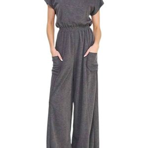 Kurzarm Strick gerade Bein elastischer Jumpsuit in Anthrazit