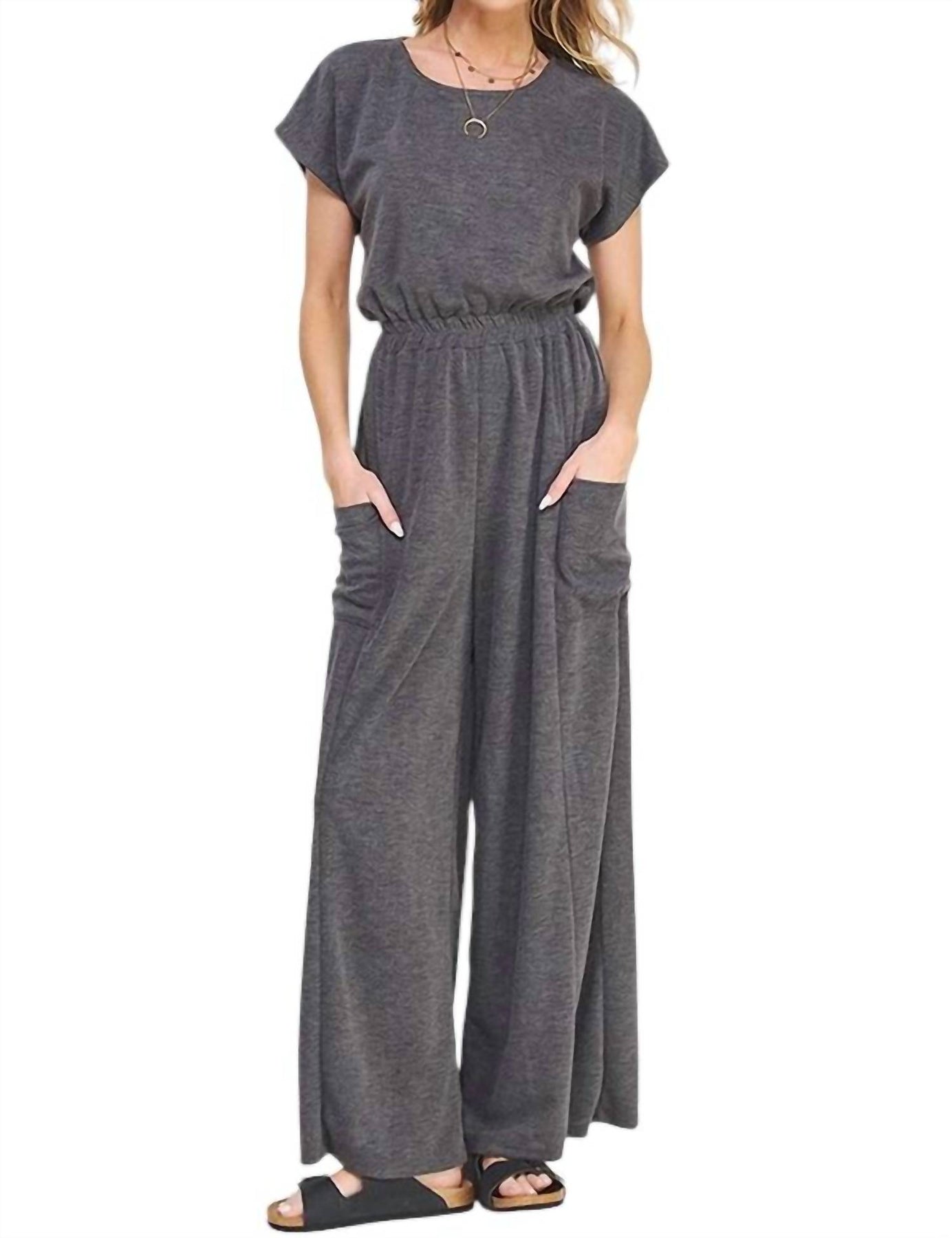 Kurzarm stricken geraden Bein elastischen Jumpsuit in Anthrazit