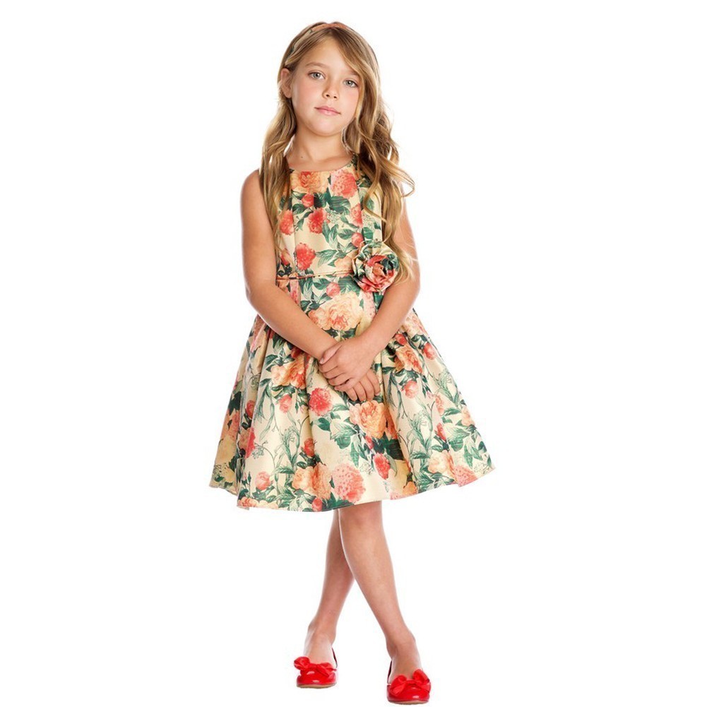Elegantes Blumenmädchenkleid mit Goldgarten-Blumendruck für kleine Mädchen, Größe 2–6