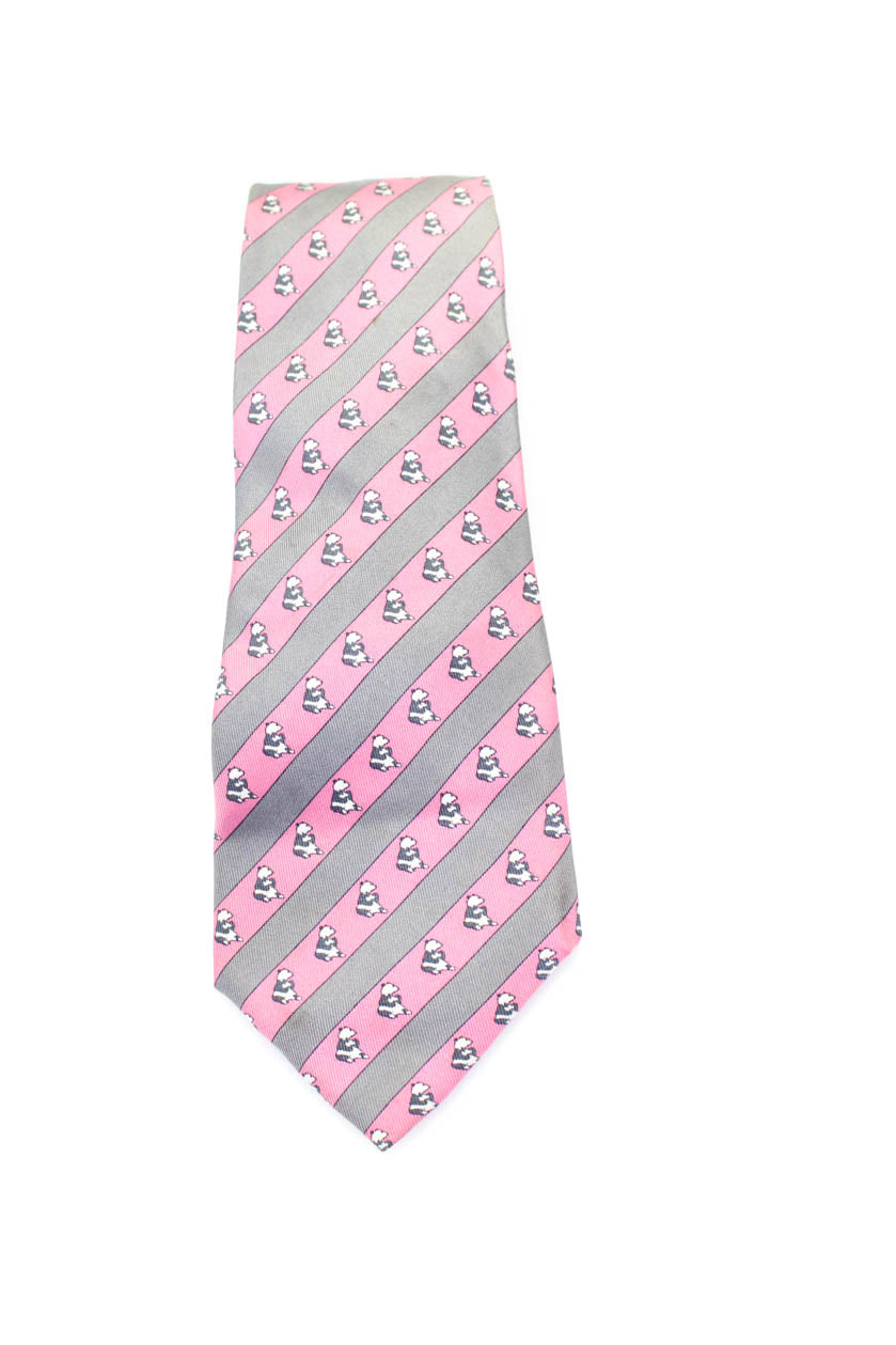 Hermes Herren klassisch Breite gestreift Panda gedruckt Seidenkrawatte Rosa Grau Weiß