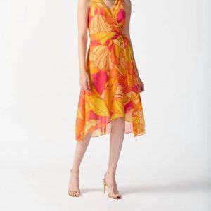 Tropical Print Faux Wrap Print Midikleid in rosa/multi