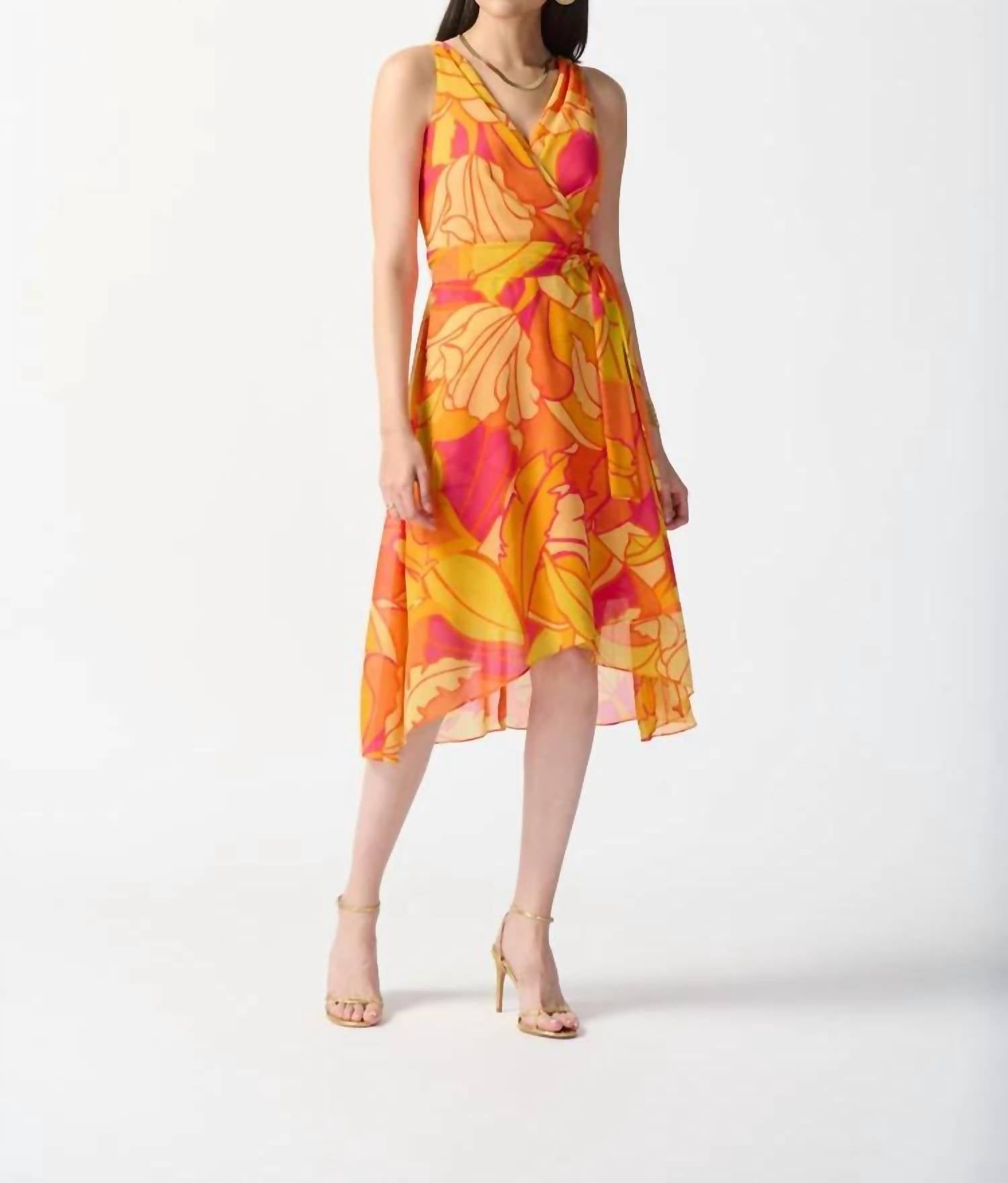 Tropical Muster Imitat Wrap Muster Midi-Kleid in Rosa/Mehrfarbig