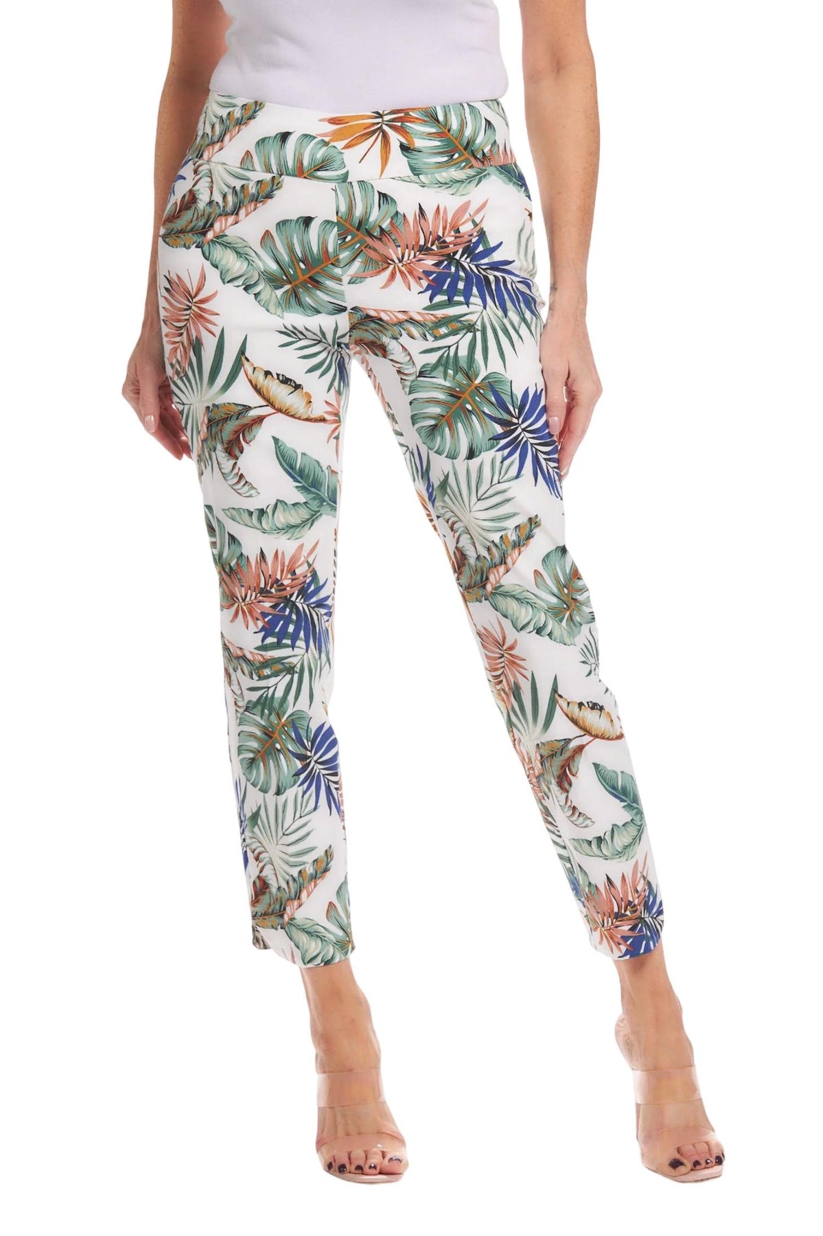 Damen-Knöchelhose mit Blütenblatt-Schlitz in Tropenoptik