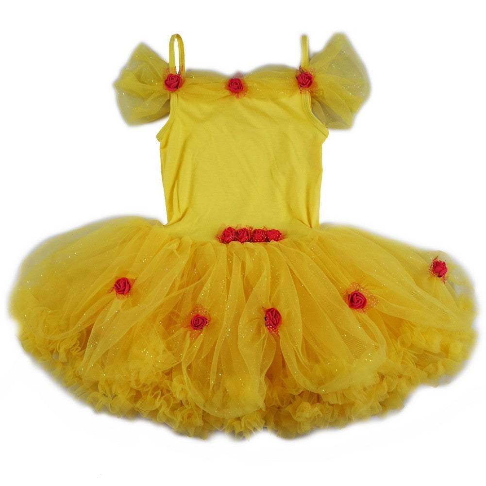 Schulterfreies Halloween-Tutu-Kleid für Mädchen, gelb, rot, mit Rosenapplikationen, S-XL (9M-8)