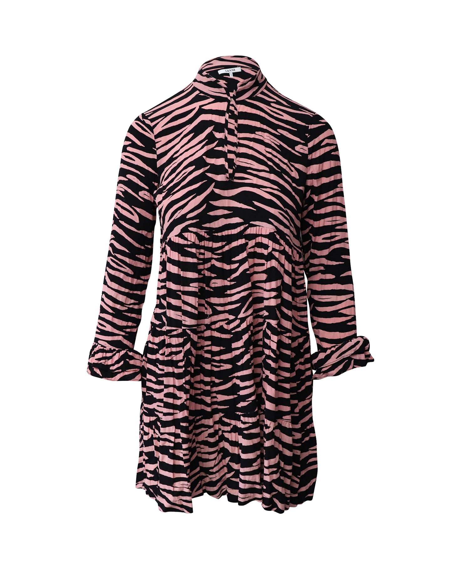 Ganni Leopardenmuster Minikleid mit langen Ärmeln aus schwarzer und rosa Viskose