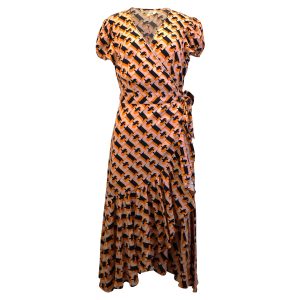 Diane von Furstenberg – Bedrucktes Midi-Wickelkleid aus orangefarbenem Leinenmix mit Rüschen