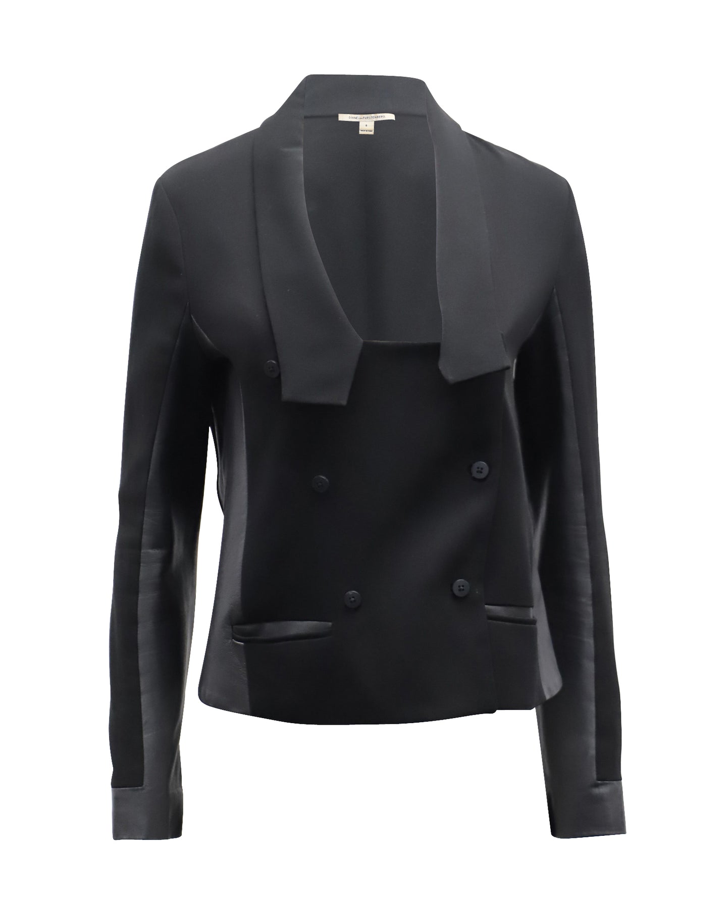 Diane Von Furstenberg Zweireihige Blazerjacke mit Lederbesatz aus schwarzem Triacetat