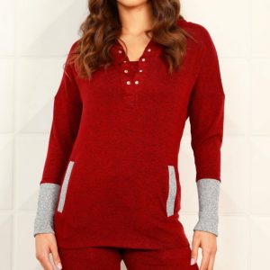 Button gerippter Kapuzenpullover mit Tasche in Wein/Tin