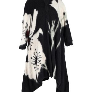 Valentino Garavani Langer, floraler Mantel mit Kapuze aus schwarzem Kaschmir und Mohair