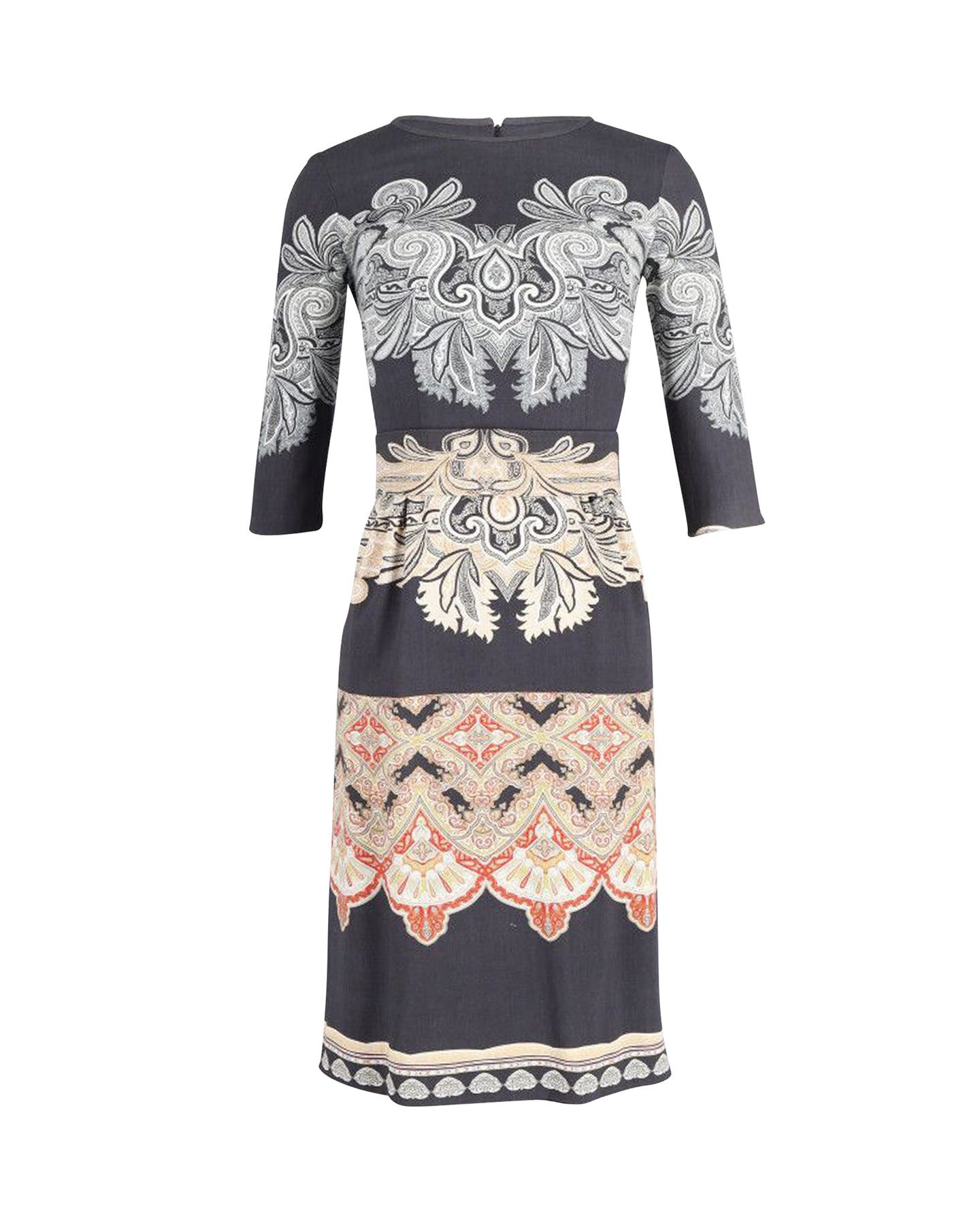 Etro Bedrucktes Midi-Kleid mit Gürtel aus schwarzer Wolle