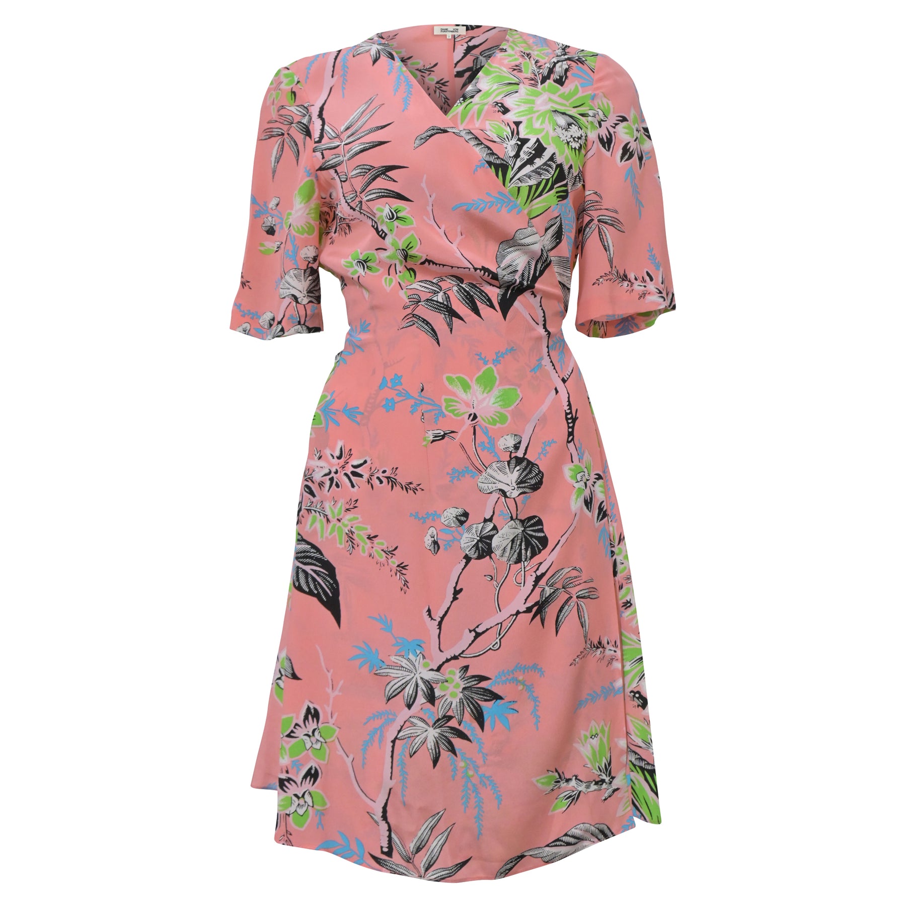 Diane von Furstenberg – Wickelkleid aus rosa Seide mit Pflanzenmuster