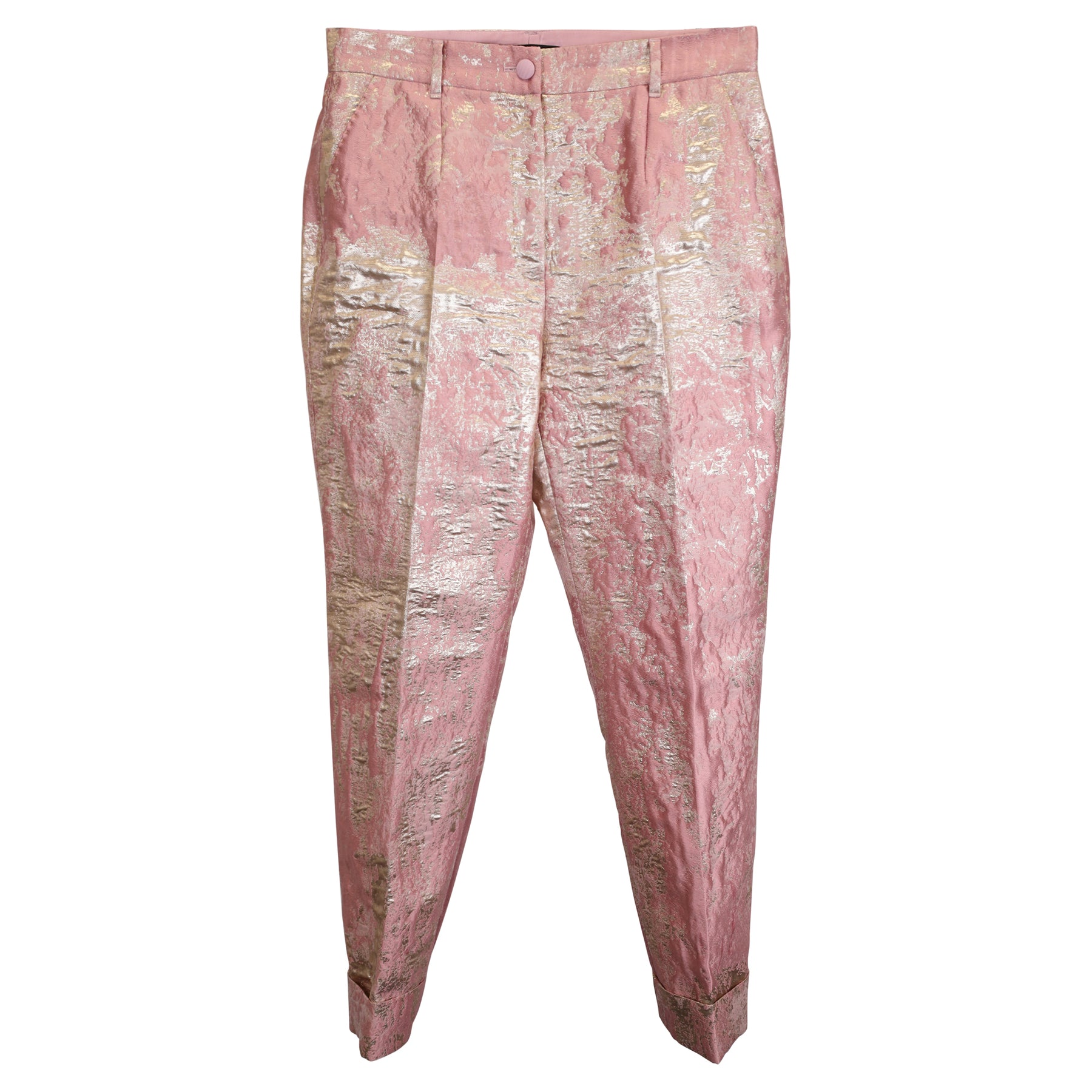 Dolce & Gabbana Beschnittene Jacquard Lame Slim Leg Hose aus rosa Polyester