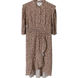 Ba&Sh Gerüffeltes Midikleid in beige bedruckter Viskose